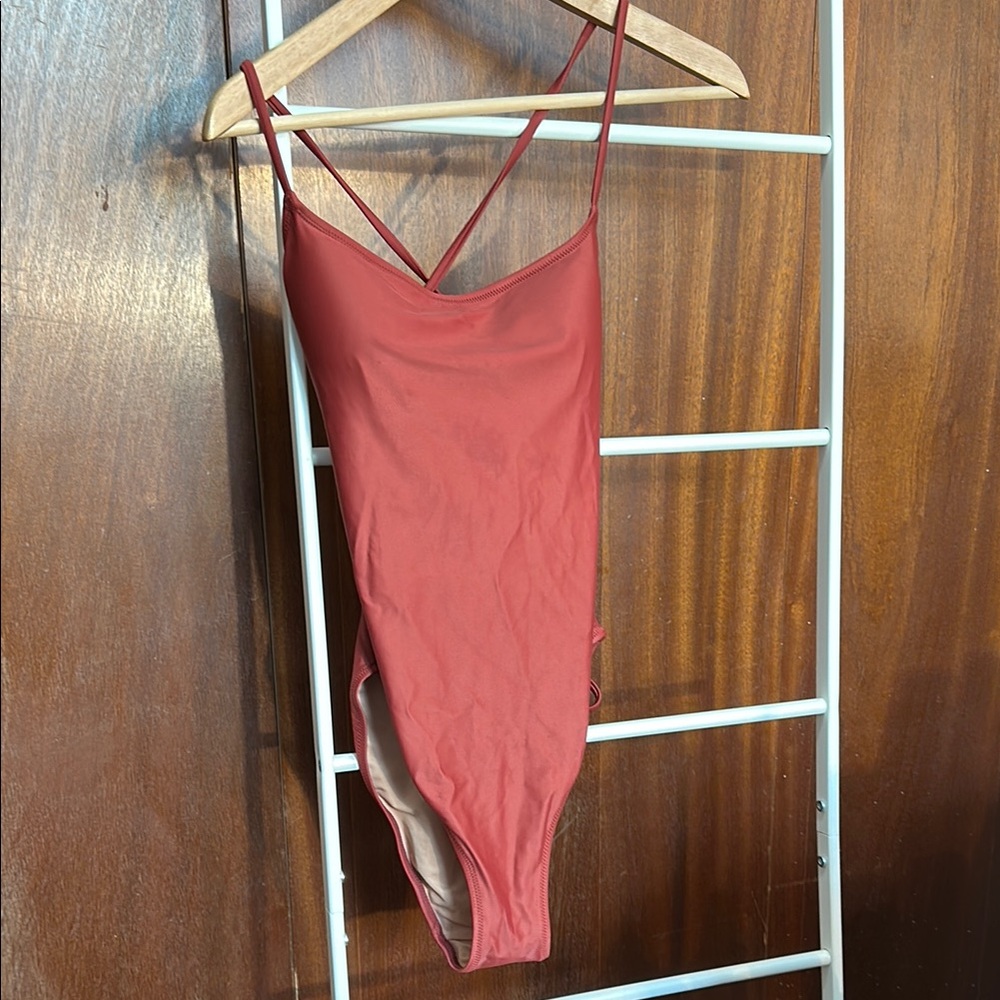 GUC J. Crew Rust Strappy Swimsuit High Leg Adjustable Strappy Back Square Neck 4